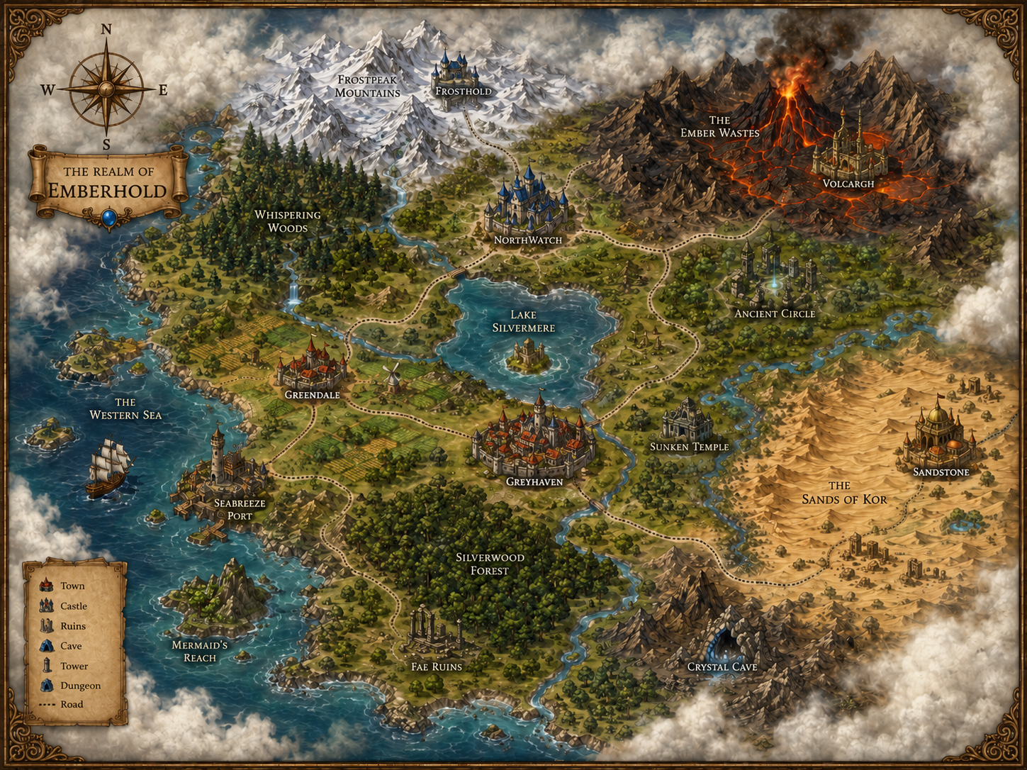 Map of the TaskTavern realm of Emberhold, showing its towns, forests, mountains, seas, ruins, and boss regions